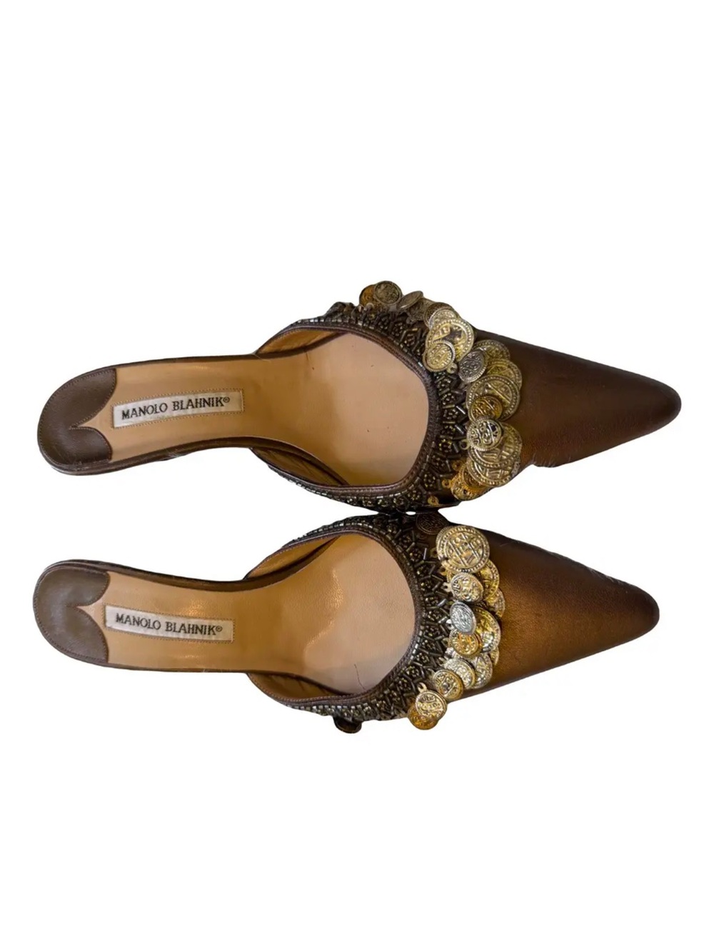 "Manolo Blahnik 2000s Silver & Gold Coin Brown Leather Mule Heels
